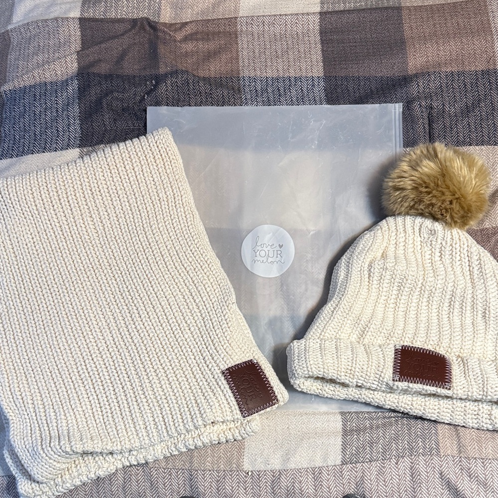 Love Your Melon Cream Knit Pom Beanie with Matching Scarf - Neutral Set